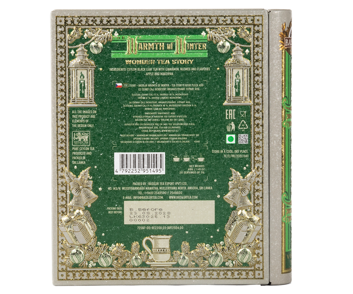 Tylna strona ozdobnej puszki Basilur z zieloną grafiką i informacjami o produkcie