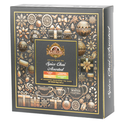 Zestaw herbat Basilur Spice Chai Assorted w eleganckim opakowaniu świątecznym.