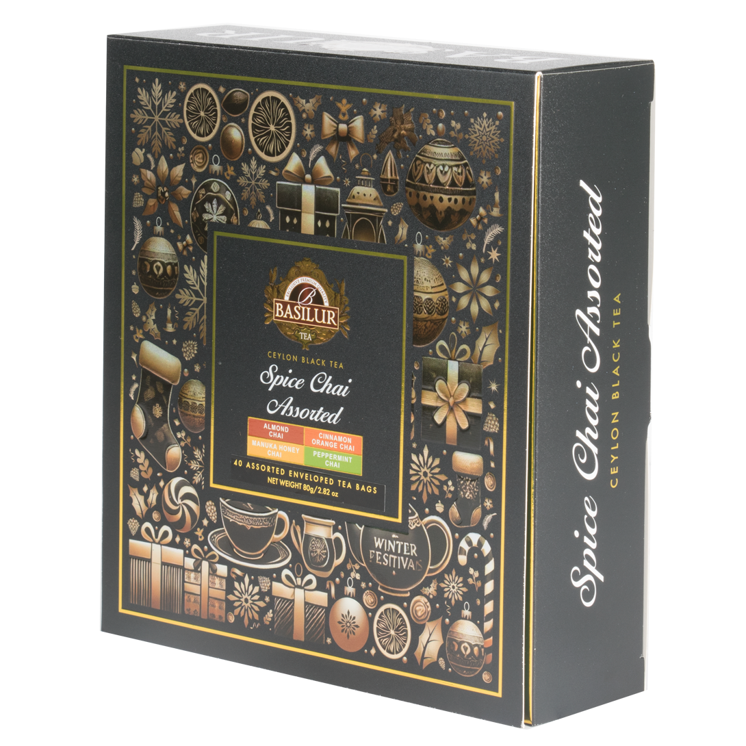 Bok pudełka Basilur Spice Chai Assorted z napisem Ceylon Black Tea.