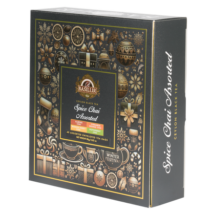 Bok pudełka Basilur Spice Chai Assorted z napisem Ceylon Black Tea.