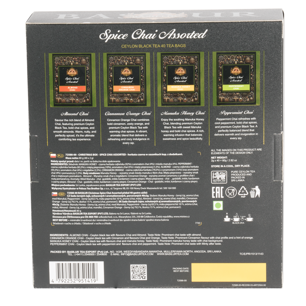 Tył opakowania Basilur Spice Chai Assorted z opisami smaków herbat.
