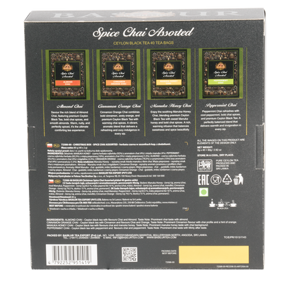 Tył opakowania Basilur Spice Chai Assorted z opisami smaków herbat.