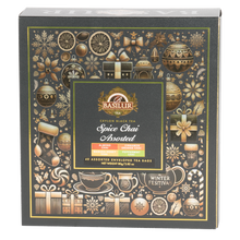 Przód pudełka Basilur Spice Chai Assorted z motywem zimowych ozdób i logo Basilur.