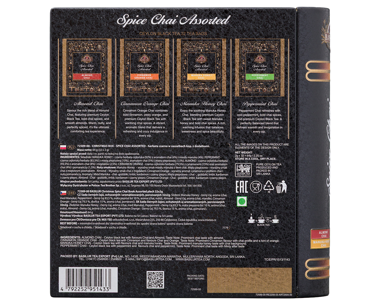Zestaw herbat Basilur Spice Chai w ozdobnej puszce książce z motywem świątecznym, 32 torebki.
