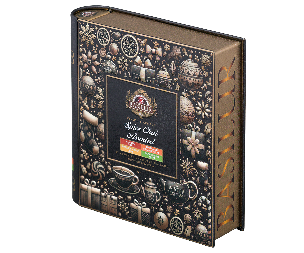 Basilur Spice Chai – tył opakowania z opisem smaków i składników.
