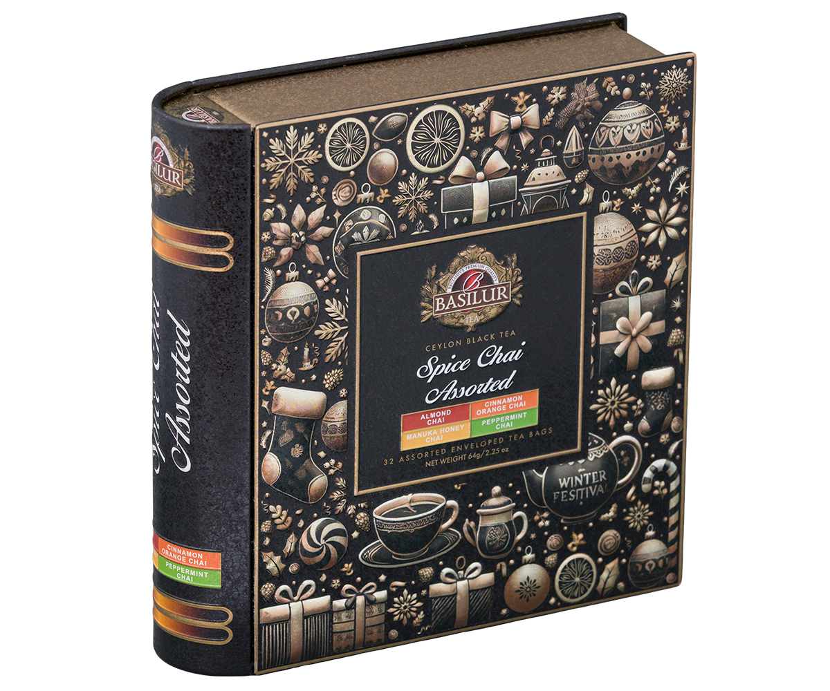 Elegancka puszka Basilur Spice Chai z czarno-złotym wzorem i logo Basilur.
