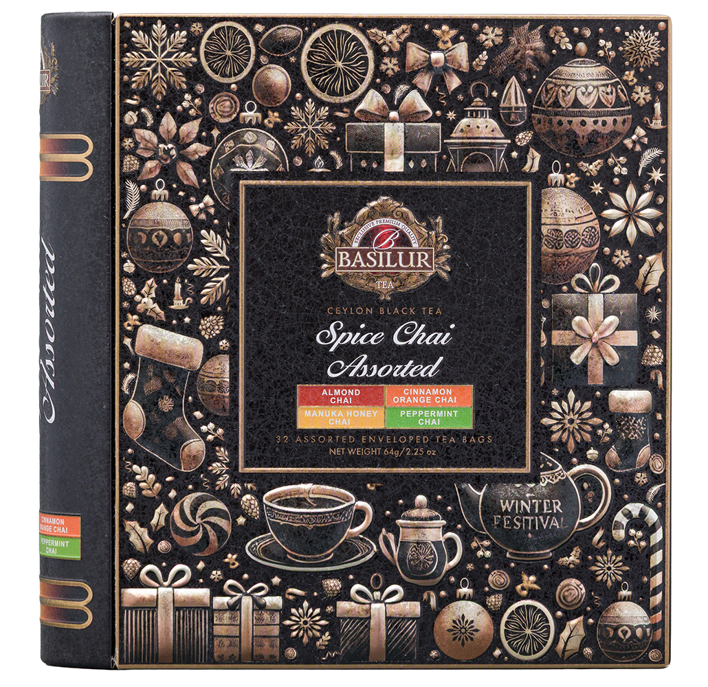 Przód opakowania Basilur Spice Chai – zestaw czarnych herbat cejlońskich o korzennych aromatach.