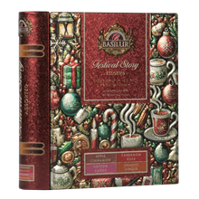 Zestaw herbat Basilur Festival Story w ozdobnej puszce w kształcie książki z motywem świątecznym, 32 torebki.