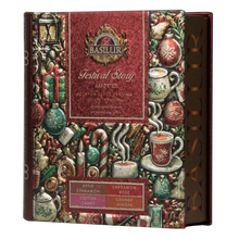 Tylna strona opakowania Basilur Festival Story – szczegóły smaków i składów herbat.
