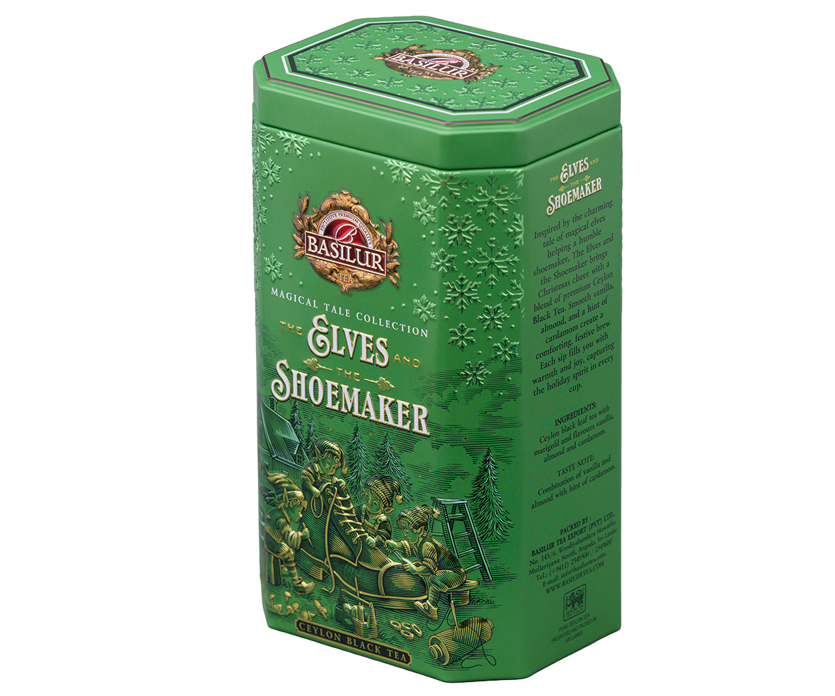 Zielona puszka Basilur The Elves and the Shoemaker z motywem elfów i szewca.