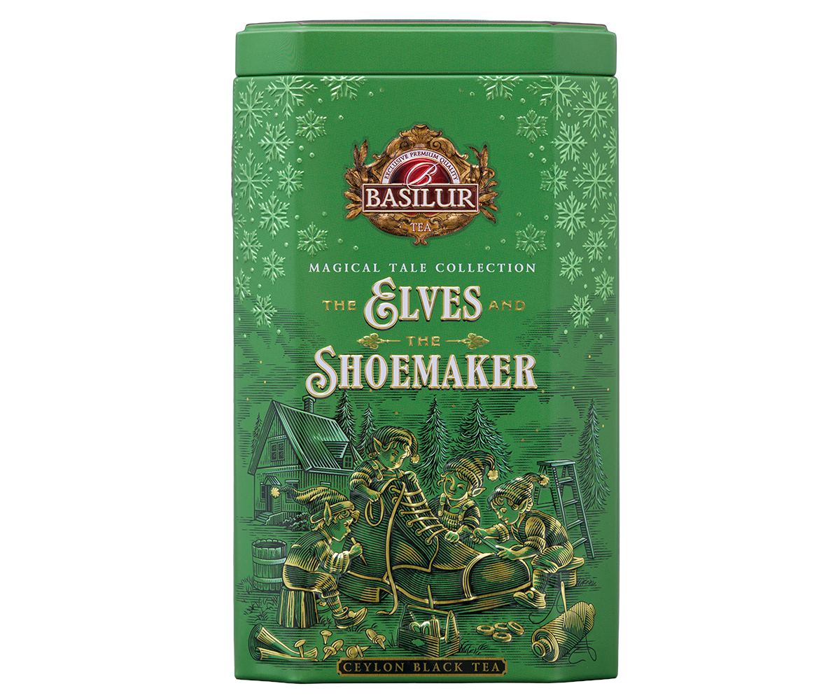 Przód puszki Basilur The Elves and the Shoemaker – elegancka herbata czarna cejlońska.