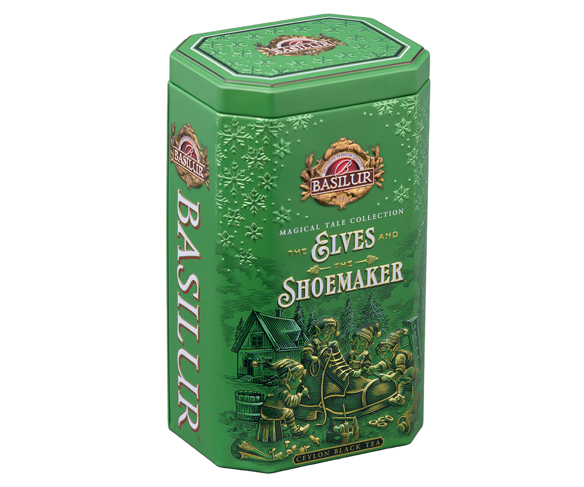 Herbata Basilur The Elves and the Shoemaker w ozdobnej świątecznej puszce z opisem produktu.