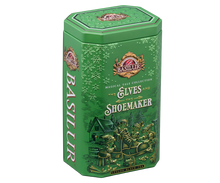 Herbata Basilur The Elves and the Shoemaker w ozdobnej świątecznej puszce z opisem produktu.