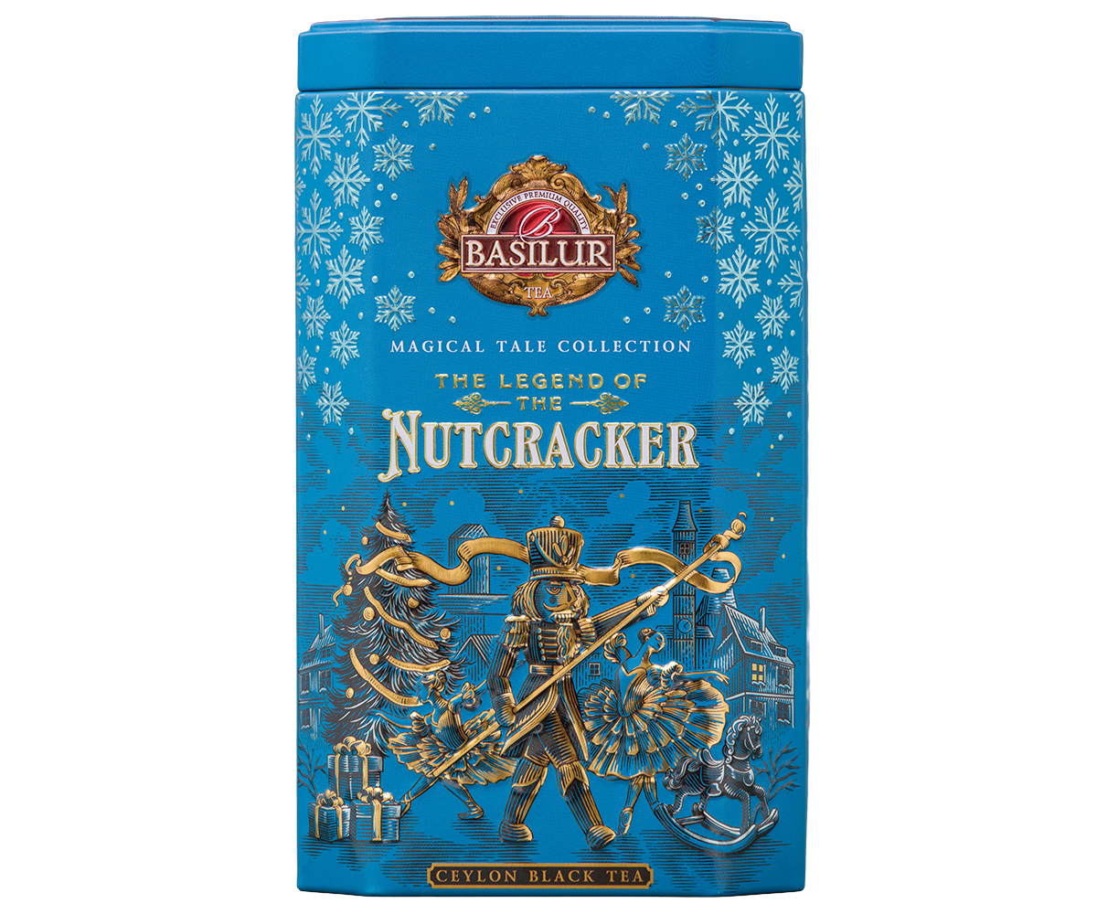 Niebieska puszka Basilur The Legend of the Nutcracker z wytłoczonym motywem żołnierza i baletnicy.