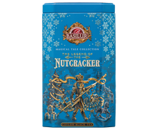 Niebieska puszka Basilur The Legend of the Nutcracker z wytłoczonym motywem żołnierza i baletnicy.