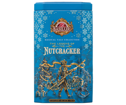 Niebieska puszka Basilur The Legend of the Nutcracker z wytłoczonym motywem żołnierza i baletnicy.