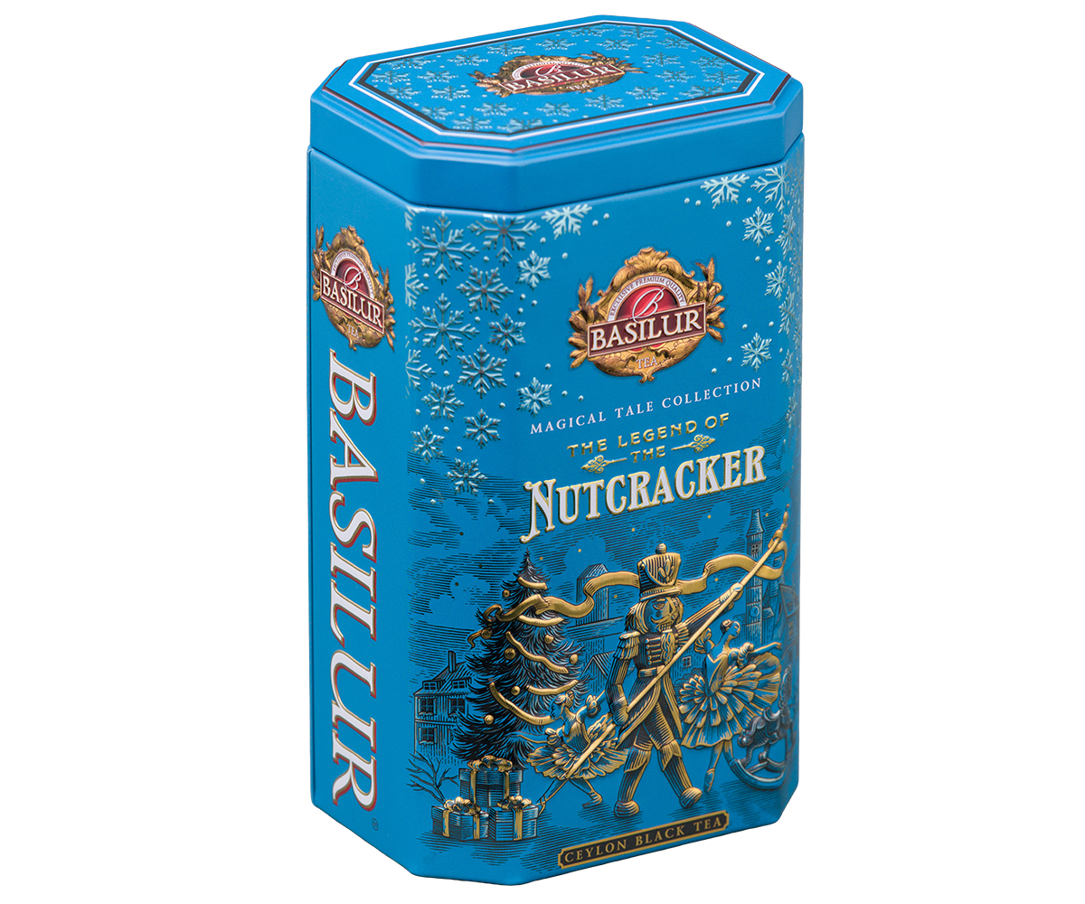 Bok puszki Basilur The Legend of the Nutcracker z opisem herbaty i zimowym wzorem płatków śniegu.