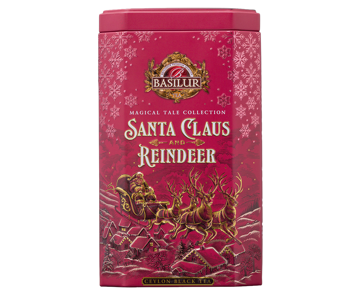 Czerwona puszka Basilur Santa Claus and Reindeer z motywem Mikołaja w saniach i reniferów.