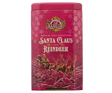 Czerwona puszka Basilur Santa Claus and Reindeer z motywem Mikołaja w saniach i reniferów.