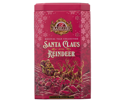 Czerwona puszka Basilur Santa Claus and Reindeer z motywem Mikołaja w saniach i reniferów.