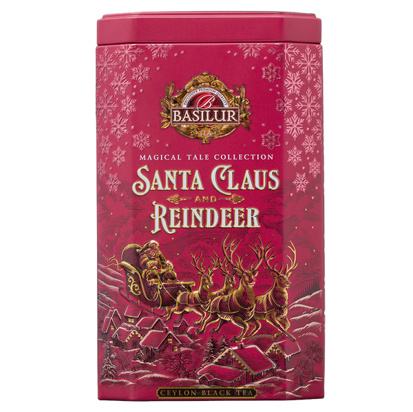 Czerwona puszka Basilur Santa Claus and Reindeer z motywem Mikołaja w saniach i reniferów.