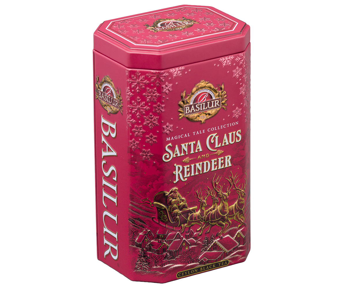 Przód puszki Basilur Santa Claus and Reindeer – herbata czarna cejlońska w świątecznej edycji.