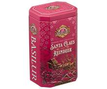 Przód puszki Basilur Santa Claus and Reindeer – herbata czarna cejlońska w świątecznej edycji.