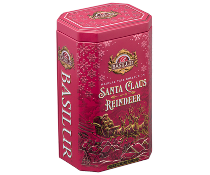 Przód puszki Basilur Santa Claus and Reindeer – herbata czarna cejlońska w świątecznej edycji.
