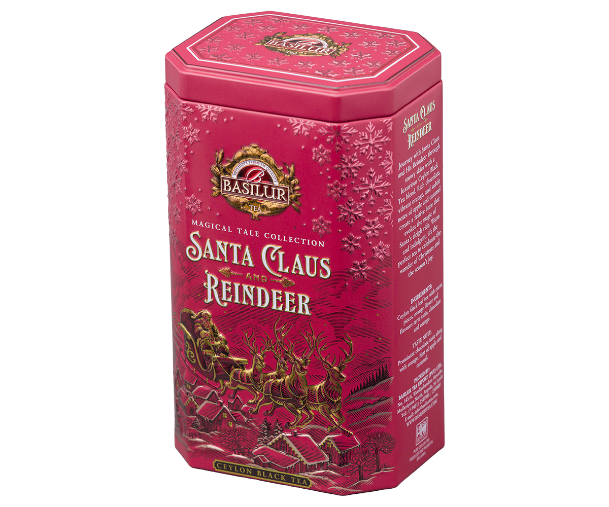 Bok puszki Basilur Santa Claus and Reindeer z opisem herbaty i śnieżnym wzorem.