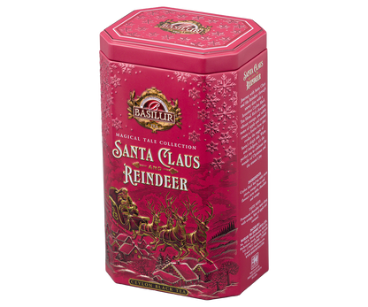 Bok puszki Basilur Santa Claus and Reindeer z opisem herbaty i śnieżnym wzorem.