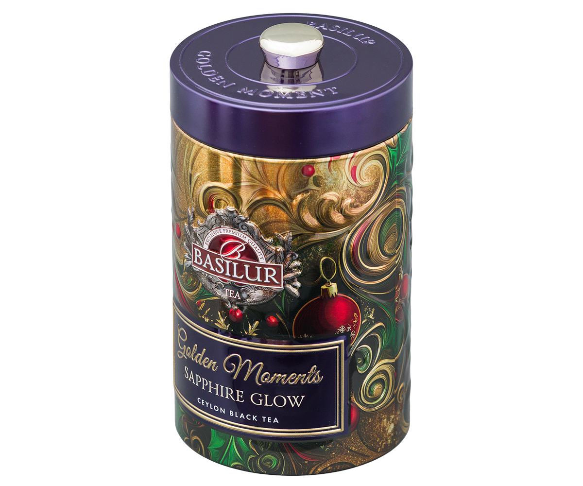Puszka Basilur Golden Moments Sapphire Glow z ozdobnym świątecznym motywem.