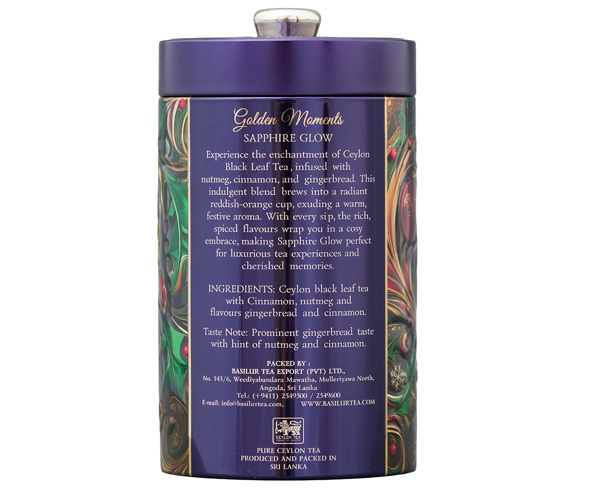 Tył puszki Basilur Golden Moments Sapphire Glow z opisem herbaty i składem.