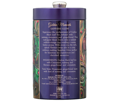 Tył puszki Basilur Golden Moments Sapphire Glow z opisem herbaty i składem.