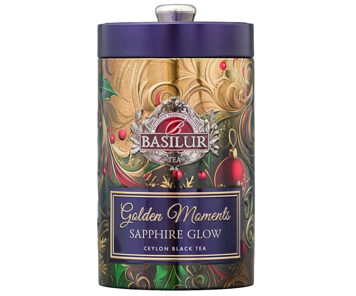 Przód puszki Basilur Golden Moments Sapphire Glow z logo Basilur i złotymi zdobieniami.