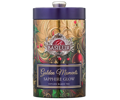 Przód puszki Basilur Golden Moments Sapphire Glow z logo Basilur i złotymi zdobieniami.