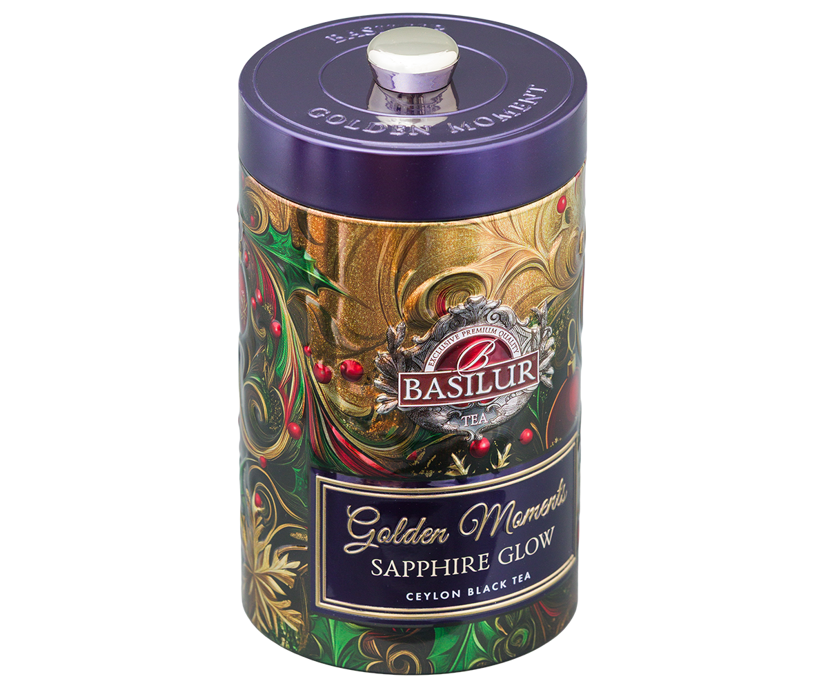 Luksusowa puszka Basilur Golden Moments Sapphire Glow – czarna herbata cejlońska.