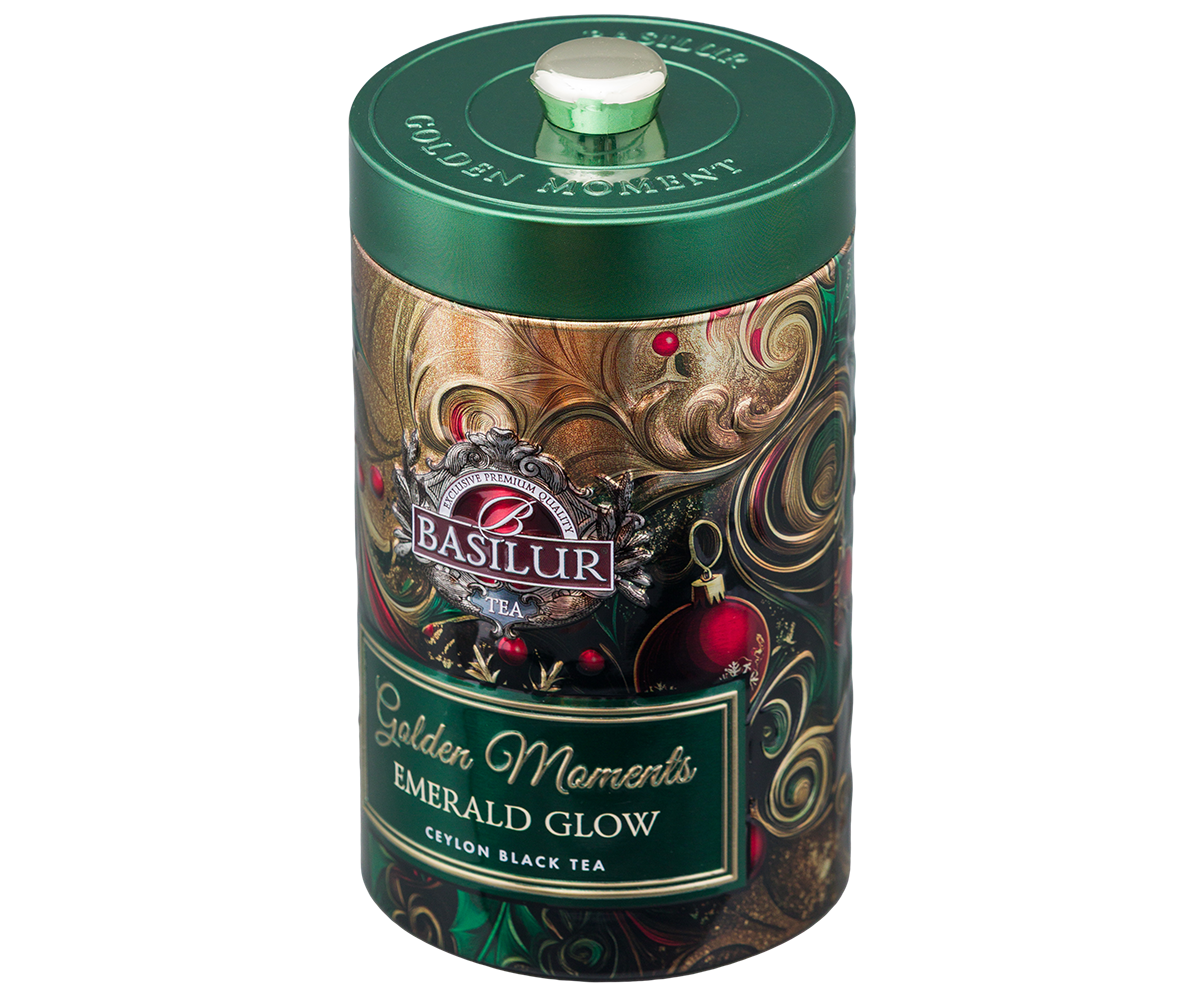 Herbata Basilur Golden Moments Emerald Glow – świąteczna puszka z czarną herbatą cejlońską.