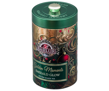 Herbata Basilur Golden Moments Emerald Glow – świąteczna puszka z czarną herbatą cejlońską.