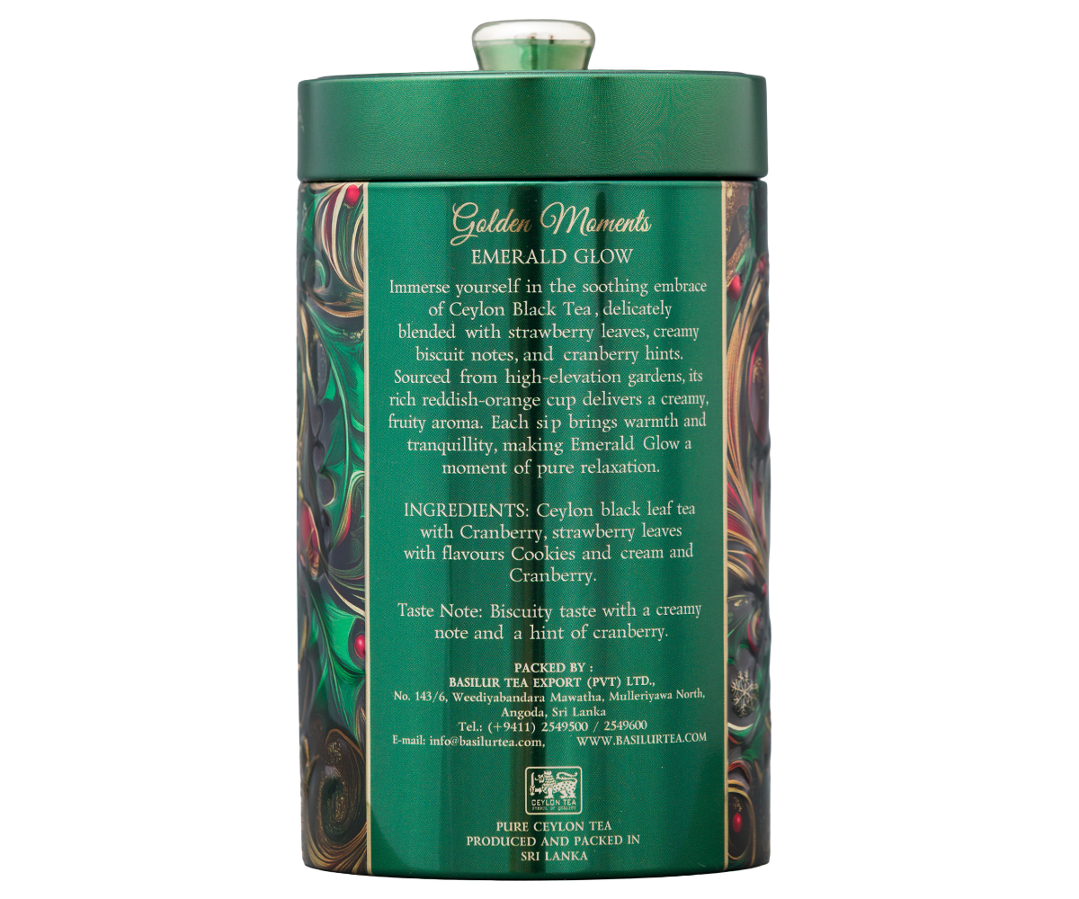 Tył puszki Basilur Golden Moments Emerald Glow z opisem herbaty i listą składników.