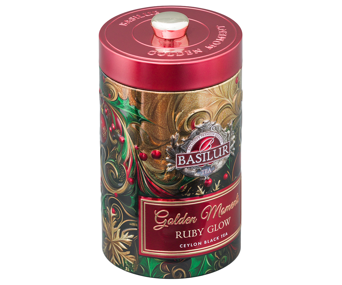 Puszka Basilur Golden Moments Ruby Glow z eleganckim czerwonym wieczkiem.