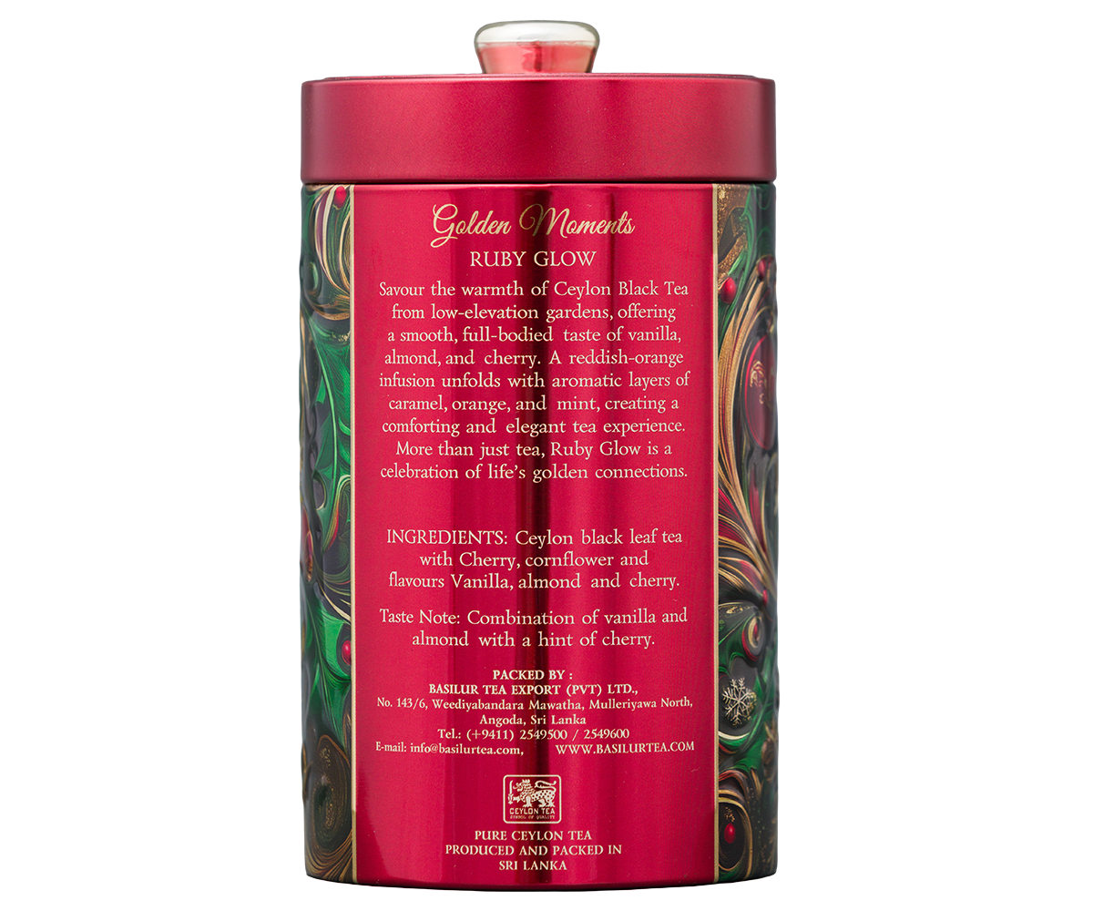 Tył puszki Basilur Golden Moments Ruby Glow z opisem herbaty i składem.