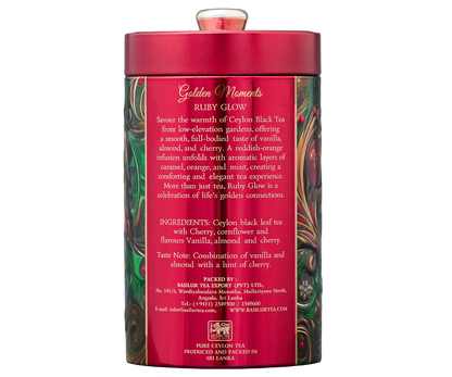 Tył puszki Basilur Golden Moments Ruby Glow z opisem herbaty i składem.
