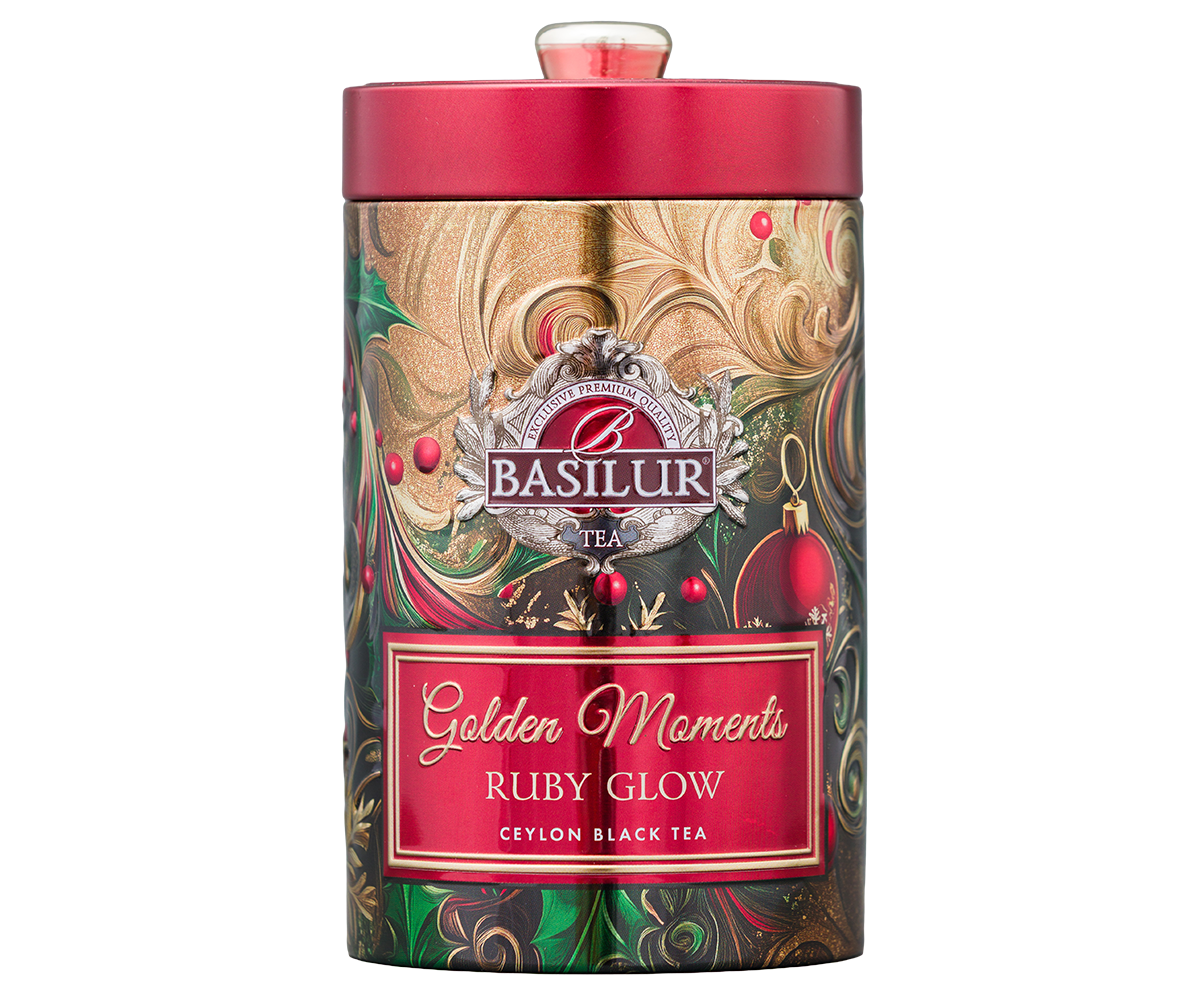 Herbata Basilur Golden Moments Ruby Glow w świątecznej puszce z logo Basilur.
