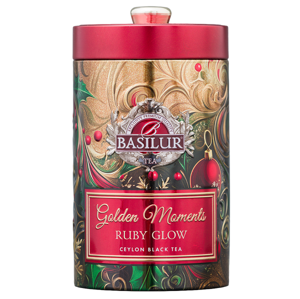 Herbata Basilur Golden Moments Ruby Glow w świątecznej puszce z logo Basilur.