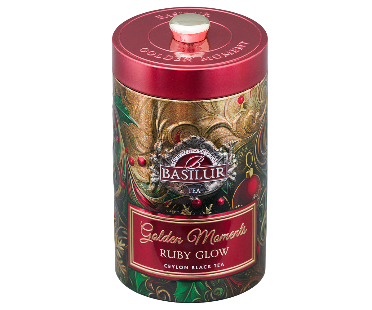 Przód puszki Basilur Golden Moments Ruby Glow z czerwono-złotym zdobieniem.