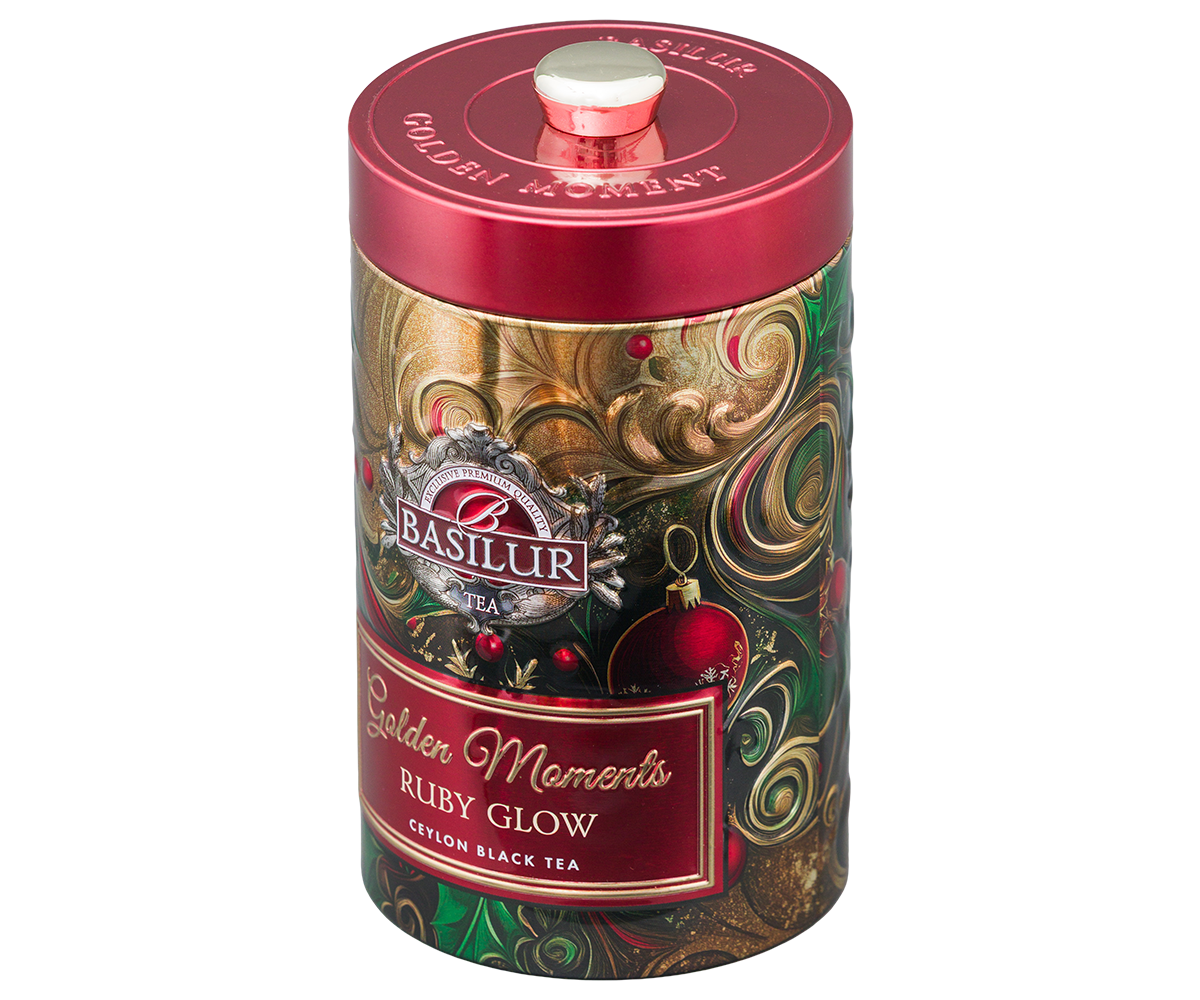 Stylowa puszka Basilur Golden Moments Ruby Glow – czarna herbata cejlońska.