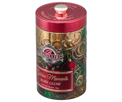 Stylowa puszka Basilur Golden Moments Ruby Glow – czarna herbata cejlońska.