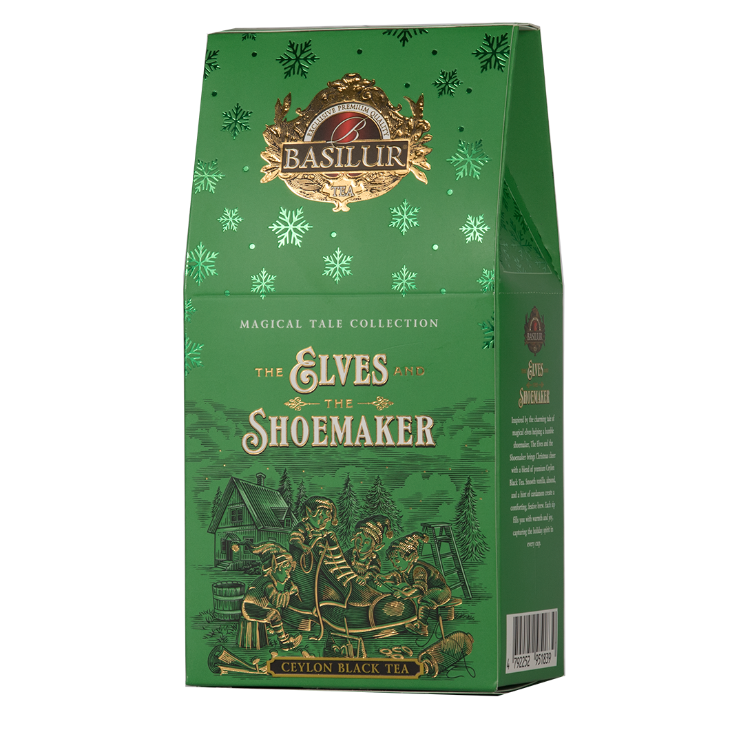 Herbata czarna Basilur The Elves And The Shoemaker w zielonym, ozdobnym opakowaniu z motywem świątecznym, idealna na prezent.