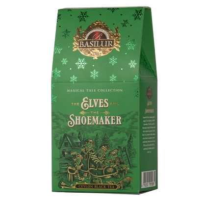 Herbata czarna Basilur The Elves And The Shoemaker w zielonym, ozdobnym opakowaniu z motywem świątecznym, idealna na prezent.