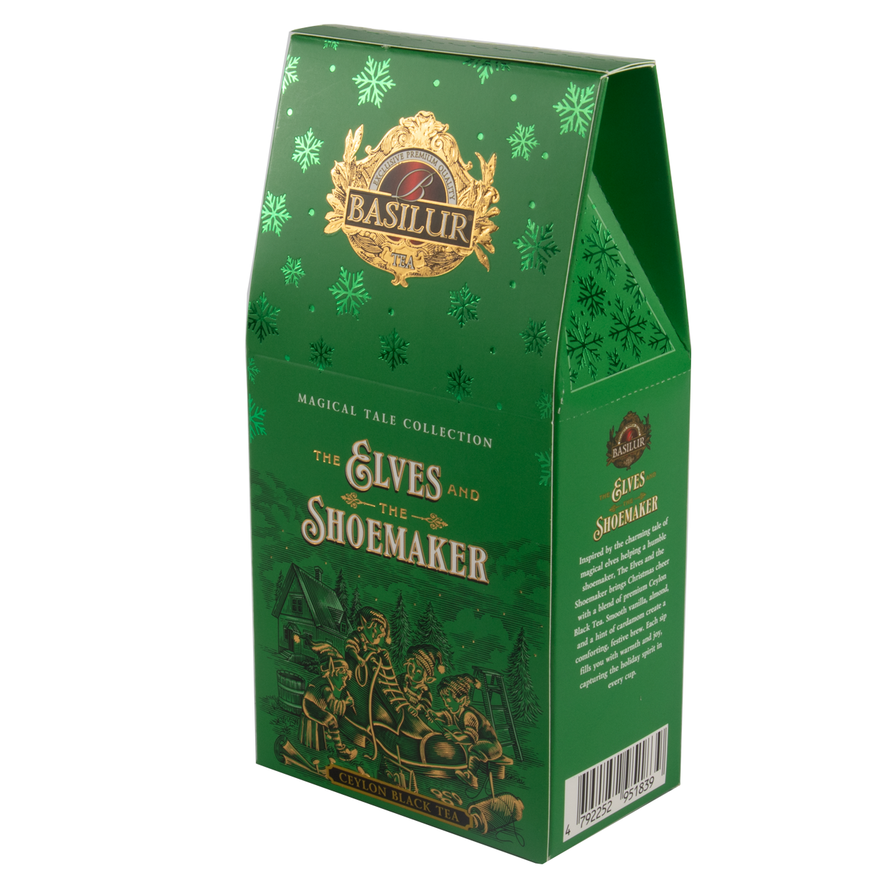 Zielone opakowanie herbaty Basilur z ilustracją elfów pracujących w warsztacie szewca